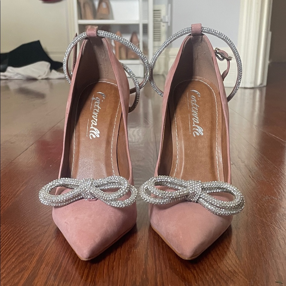 L'INTERVALLE Blush Pink Suede Pointed Heels with Crystal Bow